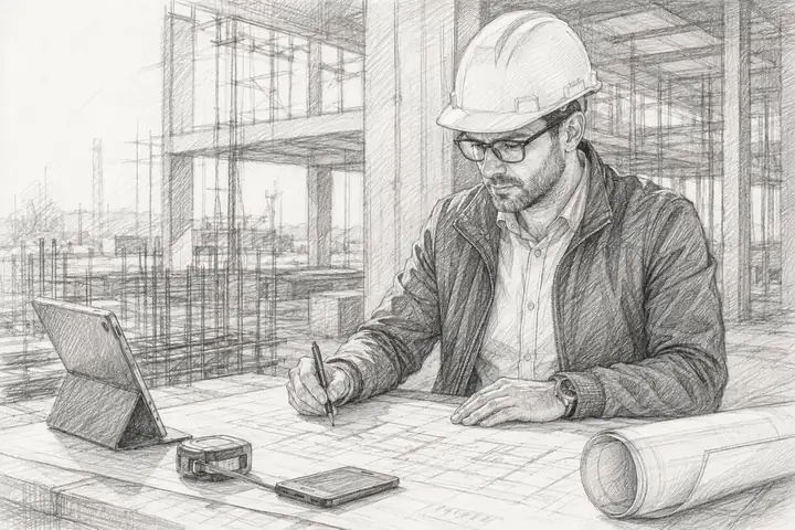 Disegno a matita di un tecnico in cantiere al lavoro su una planimetria
